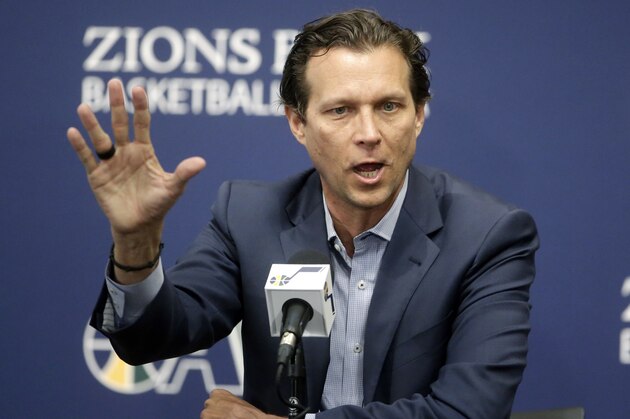 Utah Jazz head coach Quin Snyder speaks with reporters during the Jazz's end-of-season media availability Thursday, April 14, 2016, in Salt Lake City. (AP Photo/Rick Bowmer)