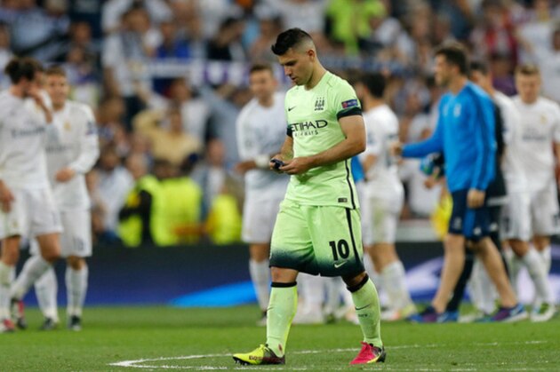 Manchester City’s Sergio Aguero leaves the pitch at the end of the Champions League semifinal second leg soccer match between Real Madrid and Manchester City at the Santiago Bernabeu stadium in Madrid, Wednesday May 4, 2016. Real Madrid won 1-0. (AP Photo/Francisco Seco)
