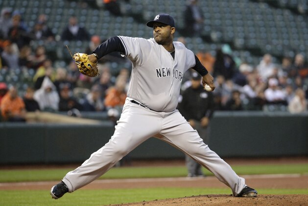 New York Yankees starting pitcher CC Sabathia throws to the Baltimore Orioles in the first inning of a baseball game in Baltimore, Wednesday, May 4, 2016. (AP Photo/Patrick Semansky) New York Yankees starting pitcher CC Sabathia throws to the Baltimore Orioles in the first inning of a baseball game in Baltimore, Wednesday, May 4, 2016. (AP Photo/Patrick Semansky)