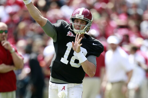Apr 16, 2016; Tuscaloosa, AL, USA; Alabama Crimson Tide quarterback Cooper Bateman (18) passes during warms up prior to the annual A-day gamer at Bryant-Denny Stadium. Mandatory Credit: Marvin Gentry-USA TODAY Sports