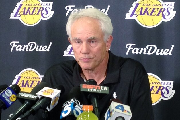 Los Angeles Lakers general manager Mitch Kupchak speaks to reporters at team headquarters in El Segundo, Calif., Friday, April 15, 2016. With Kobe Bryant's $25 million salary, ravenous shot selection and dominant personality gone from the basketball team after 20 years, Kupchak says he will meet with head coach Byron Scott and owner Jim Buss in a few days to discuss their options for the Lakers, which finished with the NBA's second-worst record at 17-65 in Bryant's farewell season. (AP Photo/Greg Beacham)