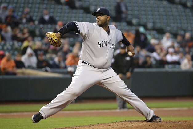 New York Yankees starting pitcher CC Sabathia throws to the Baltimore Orioles in the first inning of a baseball game in Baltimore, Wednesday, May 4, 2016. (AP Photo/Patrick Semansky)