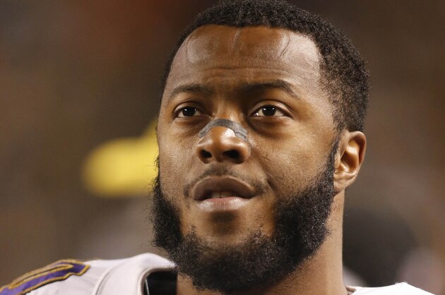 Jan 3, 2015; Pittsburgh, PA, USA; Baltimore Ravens running back Bernard Pierce (30) looks on from the sidelines against the Pittsburgh Steelers during the fourth quarter in the 2014 AFC Wild Card playoff football game at Heinz Field. The Ravens won 30-17. Mandatory Credit: Charles LeClaire-USA TODAY Sports