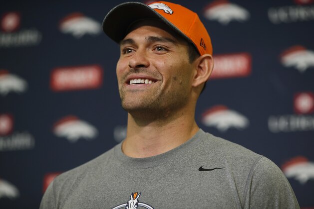 Denver Broncos quarterback Mark Sanchez responds to questions during a news conference Monday, May 2, 2016, at the team's headquarters in Englewood, Colo. (AP Photo/David Zalubowski)