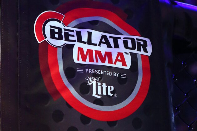 A Bellator MMA and Spike TV logo are seen at Bellator 134 on Friday, Feb. 27, 2015, in Uncasville, CT.   (AP Photo/Gregory Payan)