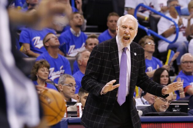 San Antonio Spurs head coach Gregg Popovich coaches his team against the Oklahoma City Thunder during the first half of Game 3 of a second-round NBA basketball playoff series, Friday, May 6, 2016, in Oklahoma City. (AP Photo/Alonzo Adams)