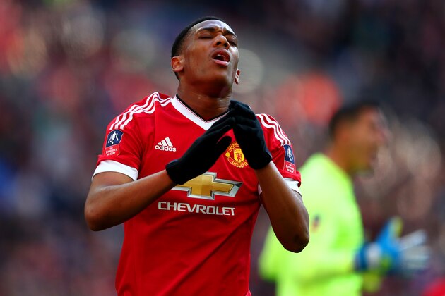 LONDON, ENGLAND - APRIL 23: Anthony Martial of Manchester United reacts to a missed chance during The Emirates FA Cup semi final match between Everton and Manchester United at Wembley Stadium on April 23, 2016 in London, England.  (Photo by Julian Finney/Getty Images)