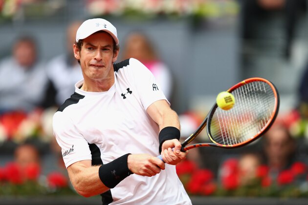 MADRID, SPAIN - MAY 07:  Andy Murray of Great Britain in action against Rafael Nadal of Spain in the semi finals during day eight of the Mutua Madrid Open tennis tournament at the Caja Magica on May 07, 2016 in Madrid, Spain.  (Photo by Julian Finney/Getty Images)