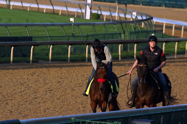 Exercise rider Jonny Garcia takes Kentucky Derby entrant Nyquist for a morning workout at Churchill Downs Friday, May 6, 2016, in Louisville, Ky. The 142nd running of the Kentucky Derby is scheduled for Saturday, May 7. (AP Photo/Garry Jones)