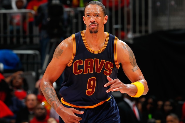 ATLANTA, GA - MAY 06:  Channing Frye #9 of the Cleveland Cavaliers reacts after hitting a three-point basket against the Atlanta Hawks in Game Three of the Eastern Conference Semifinals during the 2016 NBA Playoffs at Philips Arena on May 6, 2016 in Atlanta, Georgia.  NOTE TO USER User expressly acknowledges and agrees that, by downloading and or using this photograph, user is consenting to the terms and conditions of the Getty Images License Agreement.  (Photo by Kevin C. Cox/Getty Images)