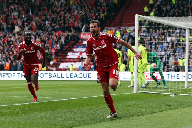 MIDDLESBROUGH, ENGLAND - MAY 07:  Cristhian Stuani of Middlesbrough celebrates scoring during the Sky Bet Championship match between Middlesbrough and Brighton and Hove Albion at the Riverside Stadium on May 07, 2016 in Middlesbrough, England.  (Photo by Nigel Roddis/Getty Images)