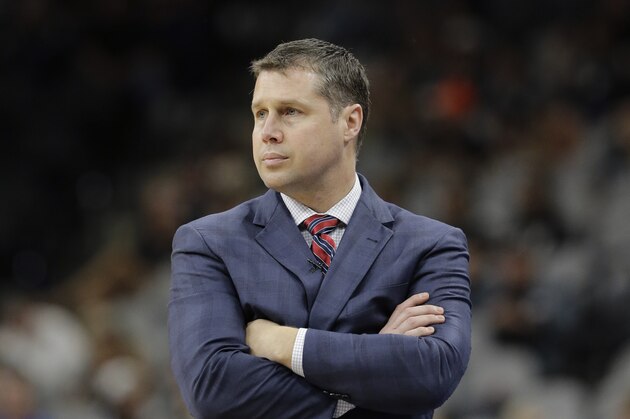 Memphis Grizzlies head coach David Joerger during the second half in Game 1 of a first-round NBA basketball playoff series against the San Antonio Spurs, Sunday, April 17, 2016, in San Antonio. San Antonio won 106-74.  (AP Photo/Eric Gay)