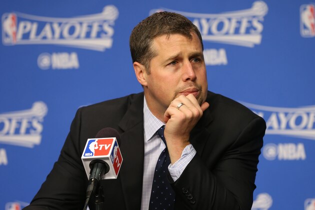 MEMPHIS, TN - APRIL 22:  David Joerger of the Memphis Grizzlies speaks at a press conference after Game Three of the Western Conference Quarterfinals against the San Antonio Spurs during the 2016 NBA Playoffs on April 22, 2016 at FedExForum in Memphis, Tennessee. NOTE TO USER: User expressly acknowledges and agrees that, by downloading and or using this photograph, User is consenting to the terms and conditions of the Getty Images License Agreement. Mandatory Copyright Notice: Copyright 2016 NBAE (Photo by Joe Murphy/NBAE via Getty Images)
