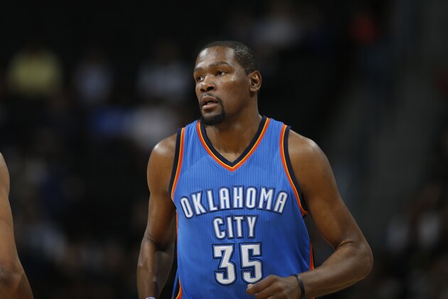 Oklahoma City Thunder forward Kevin Durant (35) in the second half of an NBA basketball game Tuesday, April 5, 2016, in Denver. Oklahoma City won 124-102. (AP Photo/David Zalubowski) Oklahoma City Thunder forward Kevin Durant (35) in the second half of an NBA basketball game Tuesday, April 5, 2016, in Denver. Oklahoma City won 124-102. (AP Photo/David Zalubowski)