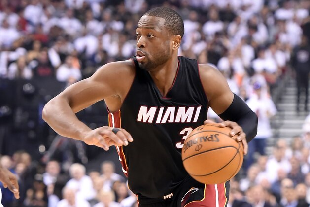 May 5, 2016; Toronto, Ontario, CAN;   Miami Heat guard Dwyane Wade (3) dribbles the ball up court against Toronto Raptors in game two of the second round of the NBA Playoffs at Air Canada Centre. The Raptors won 96-92.  Mandatory Credit: Dan Hamilton-USA TODAY Sports