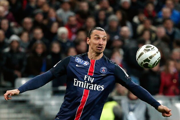 PSG's Zlatan Ibrahimovic controls the ball during the League Cup final soccer match between Paris Saint Germain and Lille, at the Stade de France stadium, in Saint Denis, north of Paris, Saturday, April 23, 2016. (AP Photo/Thibault Camus)
