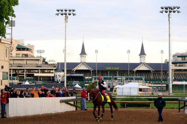 LOUISVILLE, KY - MAY 01: California Chrome walks off the track with trainer Art Sherman in front of the twin spires during early morning workouts at Churchill Downs on May 1, 2014 in Louisville, Kentucky. (Photo by Jamie Squire/Getty Images) LOUISVILLE, KY - MAY 01: California Chrome walks off the track with trainer Art Sherman in front of the twin spires during early morning workouts at Churchill Downs on May 1, 2014 in Louisville, Kentucky. (Photo by Jamie Squire/Getty Images)