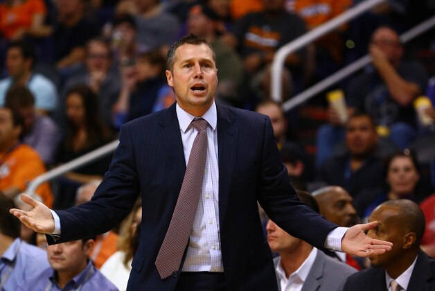 Nov 5, 2014; Phoenix, AZ, USA; Memphis Grizzlies head coach David Joeger reacts against the Phoenix Suns at US Airways Center. The Grizzlies defeated the Suns 102-91. Mandatory Credit: Mark J. Rebilas-USA TODAY Sports