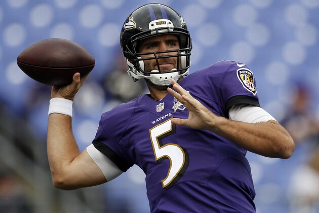 BALTIMORE, MD - NOVEMBER 1: Quarterback Joe Flacco #5 of the Baltimore Ravens warms up prior to a game against the San Diego Chargers at M&T Bank Stadium on November 1, 2015 in Baltimore, Maryland. (Photo by Matt Hazlett/Getty Images)