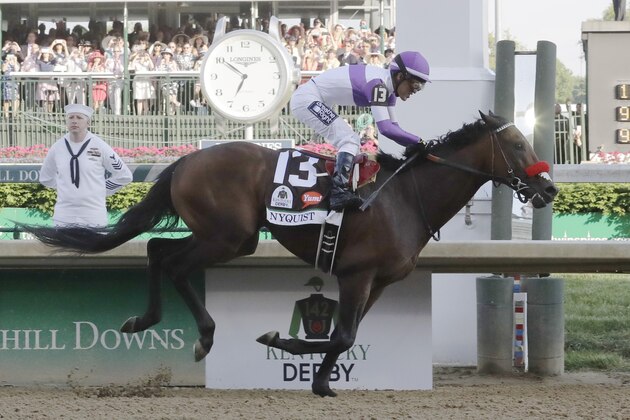 Mario Guitierrez rides Nyquist to victory during the 142nd running of the Kentucky Derby horse race at Churchill Downs Saturday, May 7, 2016, in Louisville, Ky. (AP Photo/Morry Gash)