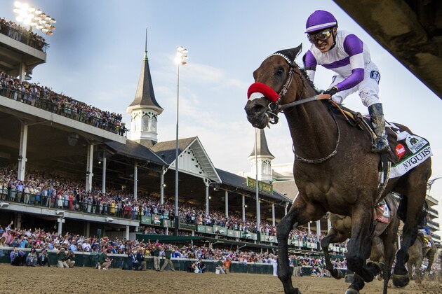 LOUISVILLE, KY - MAY 07: Nyquist #13, ridden by Mario Gutierrez, wins the Kentucky Derby at Churchill Downs on May 07, 2016 in Louisville, Kentucky.(Photo by Alex Evers/Eclipse Sportswire/Getty Images)