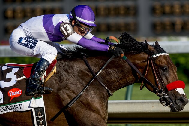 LOUISVILLE, KY - MAY 07: Nyquist #13, ridden by Mario Gutierrez, wins the Kentucky Derby on May 7, 2016 in Louisville, Kentucky. (Photo by Scott Serio/Eclipse Sportswire/Getty Images)