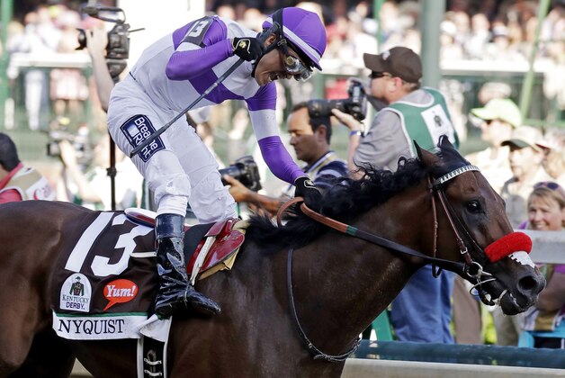 Mario Guitierrez celebrates after riding Nyquist to victory during the 142nd running of the Kentucky Derby horse race at Churchill Downs Saturday, May 7, 2016, in Louisville, Ky. (AP Photo/Garry Jones) Mario Guitierrez celebrates after riding Nyquist to victory during the 142nd running of the Kentucky Derby horse race at Churchill Downs Saturday, May 7, 2016, in Louisville, Ky. (AP Photo/Garry Jones)