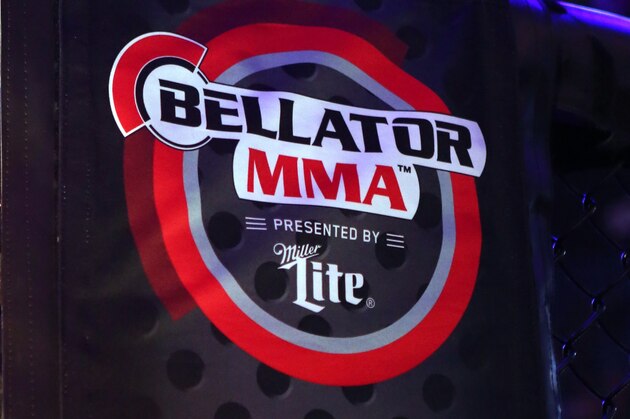 A Bellator MMA and Spike TV logo are seen at Bellator 134 on Friday, Feb. 27, 2015, in Uncasville, CT.   (AP Photo/Gregory Payan)