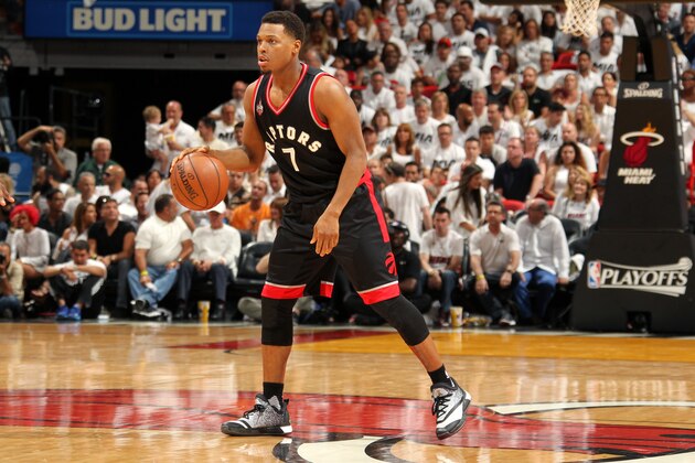MIAMI, FL - MAY 7: Kyle Lowry #7 of the Toronto Raptors handles the ball during the game against the Miami Heat in Game Three of the Eastern Conference Semifinals during the 2016 NBA Playoffs on May 7, 2016 at AmericanAirlines Arena in Miami, Florida. NOTE TO USER: User expressly acknowledges and agrees that, by downloading and or using this Photograph, user is consenting to the terms and conditions of the Getty Images License Agreement. Mandatory Copyright Notice: Copyright 2016 NBAE (Photo by Issac Baldizon/NBAE via Getty Images)