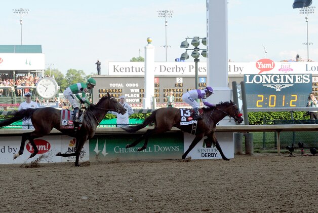 IMAGE DISTRIBUTED FOR LONGINES - Nyquist, ridden by jockey Mario Gutierrez, wins the 142nd running of the Kentucky Derby, Saturday, May 7, 2016, in Louisville, Ky.  Longines, the Swiss watch manufacturer known for its luxury timepieces, is the Official Watch and Timekeeper of the 142nd annual Kentucky Derby. (Photo by Diane Bondareff /AP Images for Longines)