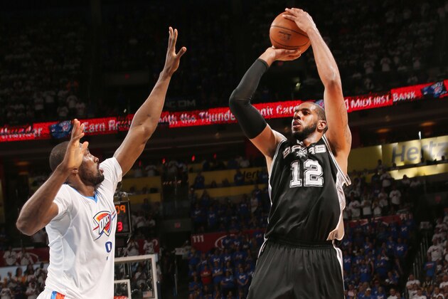 OKLAHOMA CITY, OK - MAY 6: LaMarcus Aldridge #12 of the San Antonio Spurs shoots against the Oklahoma City Thunder during Game Three of the Western Conference Semifinals during the 2016 NBA Playoffs on May 6, 2016 at Chesapeake Energy Arena in Oklahoma City, Oklahoma. NOTE TO USER: User expressly acknowledges and agrees that, by downloading and or using this Photograph, user is consenting to the terms and conditions of the Getty Images License Agreement. Mandatory Copyright Notice: Copyright 2016 NBAE (Photo by Layne Murdoch/NBAE via Getty Images)