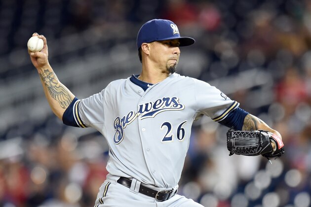 WASHINGTON, DC - AUGUST 21: Kyle Lohse #26 of the Milwaukee Brewers pitches during a baseball game against the Washington Nationals at Nationals Park on August 21, 2015 in Washington, DC. The Brewers won 10-3. (Photo by Mitchell Layton/Getty Images)