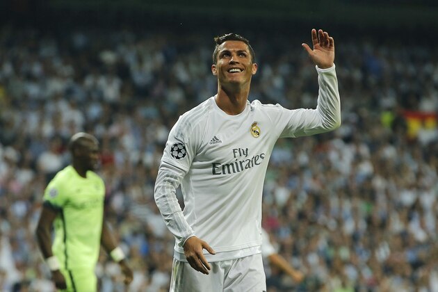 Real Madrid's Cristiano Ronaldo gestures during the Champions League semifinal second leg soccer match between Real Madrid and Manchester City at the Santiago Bernabeu stadium in Madrid, Wednesday May 4, 2016. (AP Photo/Paul White)
