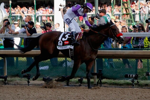 LOUISVILLE, KY - MAY 07:  Mario Gutierrez celebrates atop Nyquist #13 after crossing the finish line to win the 142nd running of the Kentucky Derby at Churchill Downs on May 07, 2016 in Louisville, Kentucky.  (Photo by Jim Dietz/Getty Images)