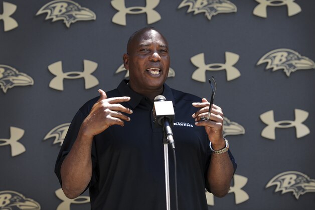 Baltimore Ravens general manager Ozzie Newsome answers questions from reporters before NFL football training camp at the team's practice facility in Owings Mills, Md., Monday, July 29, 2013. (AP Photo/Gail Burton)
