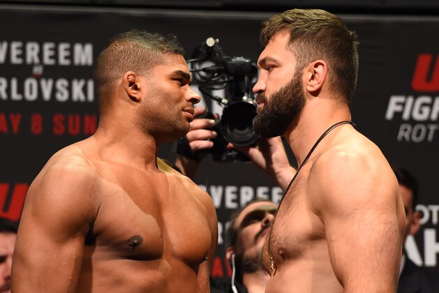 ROTTERDAM, NETHERLANDS - MAY 07:  (L-R) Opponents Alistair Overeem of The Netherlands and Andrei Arlovski of Belarus face off during the UFC weigh-in at Ahoy Rotterdam on May 7, 2016 in Rotterdam, Netherlands. (Photo by Josh Hedges/Zuffa LLC/Zuffa LLC via Getty Images)