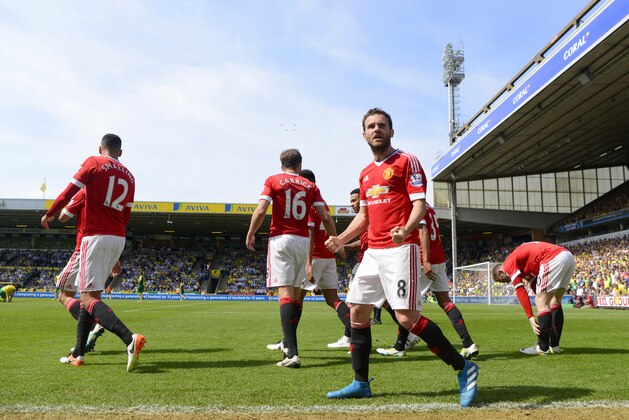 NORWICH, ENGLAND - MAY 07:  Juan Mata of Manchester United celebrates scoring his team's first goal during the Barclays Premier League match between Norwich City and Manchester United at Carrow Road on May 7, 2016 in Norwich, England.  (Photo by Mike Hewitt/Getty Images)