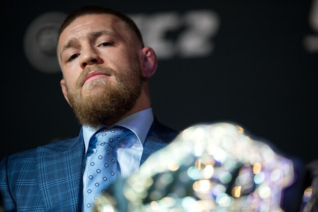 LAS VEGAS, NV - MARCH 3:   UFC featherweight champion Conor McGregor speaks to the media during the UFC 196 Press Conference at David Copperfield Theater in the MGM Grand Hotel/Casino on March 3, 2016 in Las Vegas, Nevada. (Photo by Brandon Magnus/Zuffa LLC/Zuffa LLC via Getty Images)