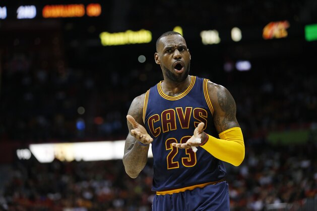 Cleveland Cavaliers forward LeBron James (23) speaks to officials against the Atlanta Hawks in the first half of Game 3 of the second-round NBA basketball playoff series, Friday, May 6, 2016, in Atlanta. (AP Photo/John Bazemore)