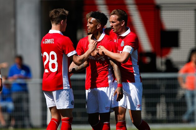 (L-R) Marco van Ginkel of PSV, Jrgen Locadia of PSV, Luuk de Jong of PSV during the Dutch Eredivisie match between PEC Zwolle and  PSV Eindhoven at the IJsseldelta stadium on May 08, 2016 in Zwolle, The Netherlands(Photo by VI Images via Getty Images)