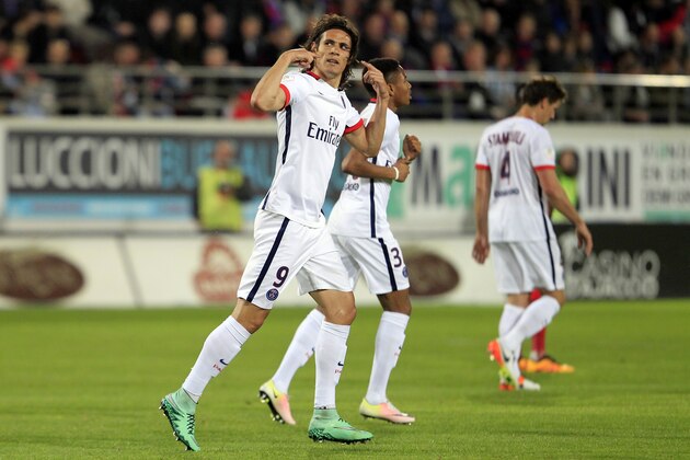 Paris Saint-Germain's Uruguayan forward Edinson Cavani celebrates after scoring a goal during the L1 football match Gazelec Ajaccio (GFCA) against Paris Saint Germain (PSG) on May 7, 2016, at the Ange Casanova stadium in Ajaccio, on the French Mediterranean island of Corsica. AFP PHOTO / PASCAL POCHARD-CASABIANCA / AFP / PASCAL POCHARD-CASABIANCA        (Photo credit should read PASCAL POCHARD-CASABIANCA/AFP/Getty Images)