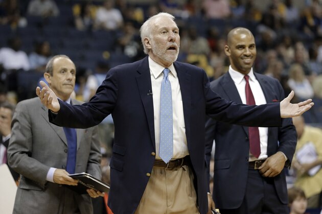 San Antonio Spurs head coach Gregg Popovich argues a call during the second half of Game 4 in a first-round NBA basketball playoff series against the Memphis Grizzlies Sunday, April 24, 2016, in Memphis, Tenn. The Spurs won 116-95 to sweep the series 4-0. (AP Photo/Mark Humphrey)