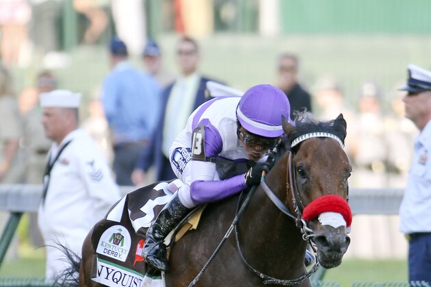 May 7, 2016; Louisville, KY, USA; Mario Gutierrez aboard Nyquist (13) races during the 142nd running of the Kentucky Derby at Churchill Downs. Mandatory Credit: Mark Zerof-USA TODAY Sports