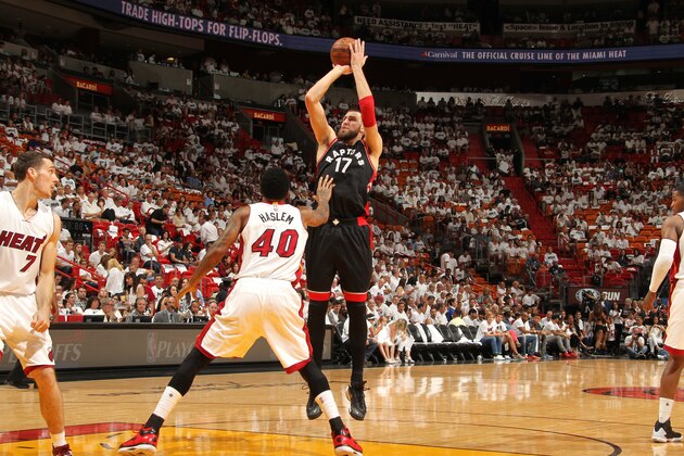 MIAMI, FL - MAY 7: Jonas Valanciunas #17 of the Toronto Raptors shoots the ball during the game against the Miami Heat in Game Three of the Eastern Conference Semifinals during the 2016 NBA Playoffs on May 7, 2016 at AmericanAirlines Arena in Miami, Florida. NOTE TO USER: User expressly acknowledges and agrees that, by downloading and or using this Photograph, user is consenting to the terms and conditions of the Getty Images License Agreement. Mandatory Copyright Notice: Copyright 2016 NBAE (Photo by Issac Baldizon/NBAE via Getty Images) MIAMI, FL - MAY 7: Jonas Valanciunas #17 of the Toronto Raptors shoots the ball during the game against the Miami Heat in Game Three of the Eastern Conference Semifinals during the 2016 NBA Playoffs on May 7, 2016 at AmericanAirlines Arena in Miami, Florida. NOTE TO USER: User expressly acknowledges and agrees that, by downloading and or using this Photograph, user is consenting to the terms and conditions of the Getty Images License Agreement. Mandatory Copyright Notice: Copyright 2016 NBAE (Photo by Issac Baldizon/NBAE via Getty Images)