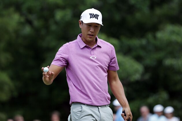 CHARLOTTE, NC - MAY 08:  James Hahn waves to the crowd on the ninth hole during the final round of the Wells Fargo Championship at Quail Hollow Club on May 8, 2016 in Charlotte, North Carolina.  (Photo by Jeff Gross/Getty Images)
