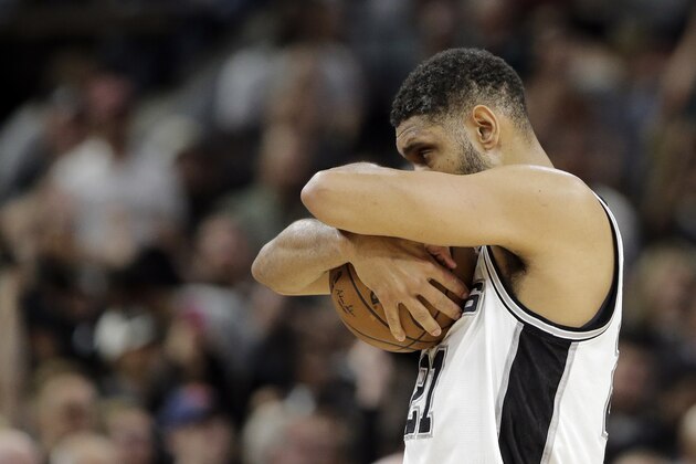 San Antonio Spurs center Tim Duncan grips the ball during the first half in Game 2 of a second-round NBA basketball playoff series against the Oklahoma City Thunder on Monday, May 2, 2016, in San Antonio. (AP Photo/Eric Gay)