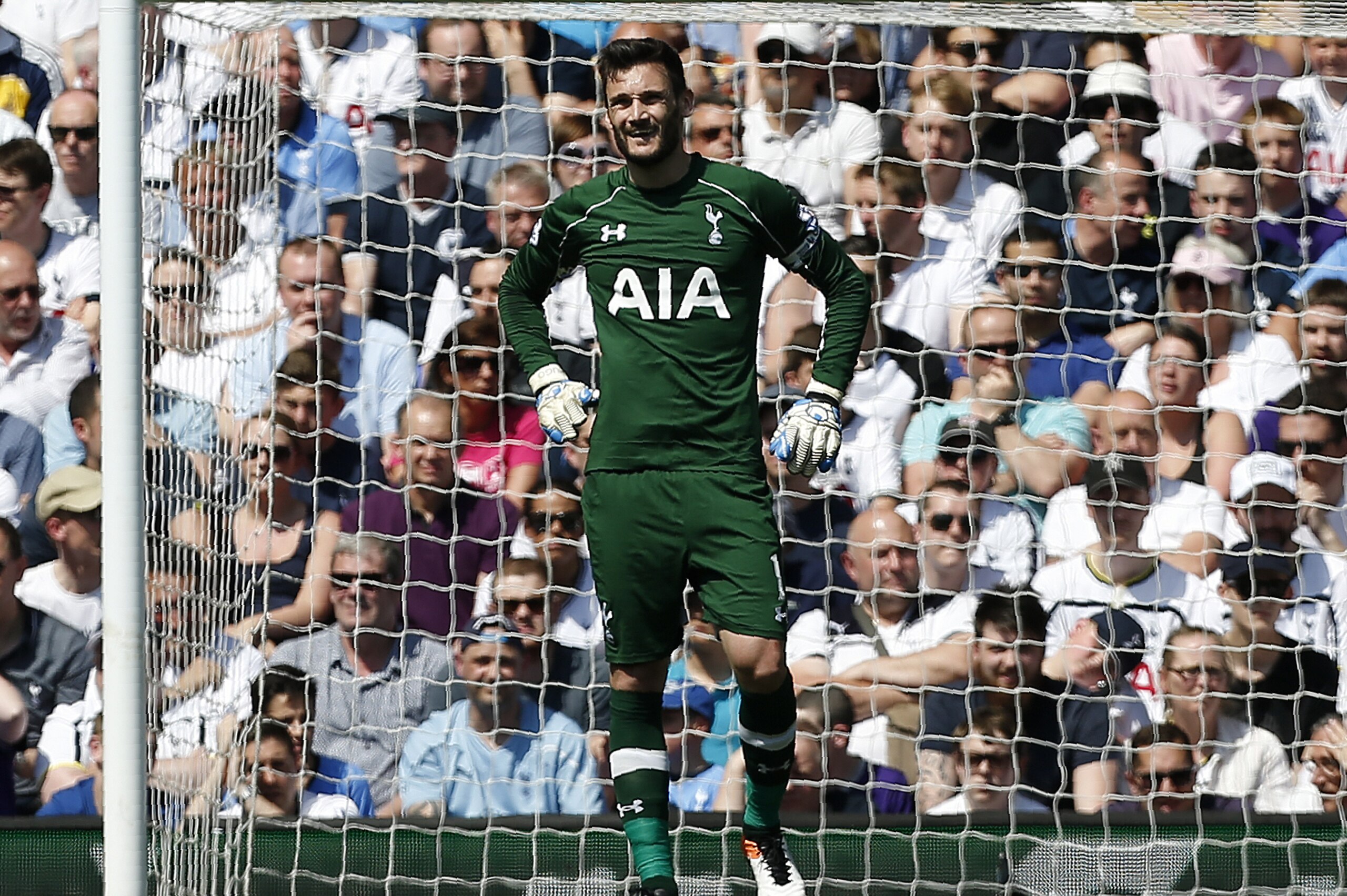 Tottenham Hotspur's French goalkeeper Hugo Lloris reacts during the English Premier League football match between Tottenham Hotspur and Southampton at White Hart Lane in London, on May 8, 2016.
Southmpton won the match 2-1. / AFP / Ian Kington / RESTRICTED TO EDITORIAL USE. No use with unauthorized audio, video, data, fixture lists, club/league logos or 'live' services. Online in-match use limited to 75 images, no video emulation. No use in betting, games or single club/league/player publications.  /         (Photo credit should read IAN KINGTON/AFP/Getty Images)