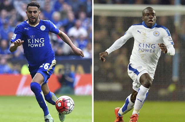 This combination of pictures shows the PFA Players Player of the Year shortlist of Leicester players (L-R) Leicester's Jamie Vardy, Riyad Mahrez and N'Golo Kante. 
Leicester City's extraordinary rise to the top of the Premier League has been recognised with the inclusion of three Foxes stars -- Jamie Vardy, Riyad Mahrez and N'Golo Kante -- on the shortlist for the Professional Footballers' Association Players' Player of the Year award. / AFP / GLYN KIRK        (Photo credit should read GLYN KIRK/AFP/Getty Images)