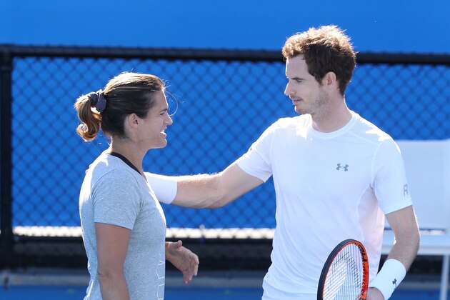 MELBOURNE, AUSTRALIA - JANUARY 24:  Andy Murray of Great Britain and his coach Amelie Mauresmo in his practice session during day seven of the 2016 Australian Open at Melbourne Park on January 24, 2016 in Melbourne, Australia.  (Photo by Michael Dodge/Getty Images)