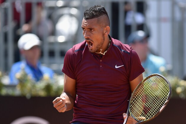 ROME, ITALY - MAY 09:  Nick Kyrgios of Australia celebrates a point in his match against Salvatore Caruso of Italy on Day Two of The Internazionali BNL d'Italia 2016 on May 09, 2016 in Rome, Italy.  (Photo by Dennis Grombkowski/Getty Images)